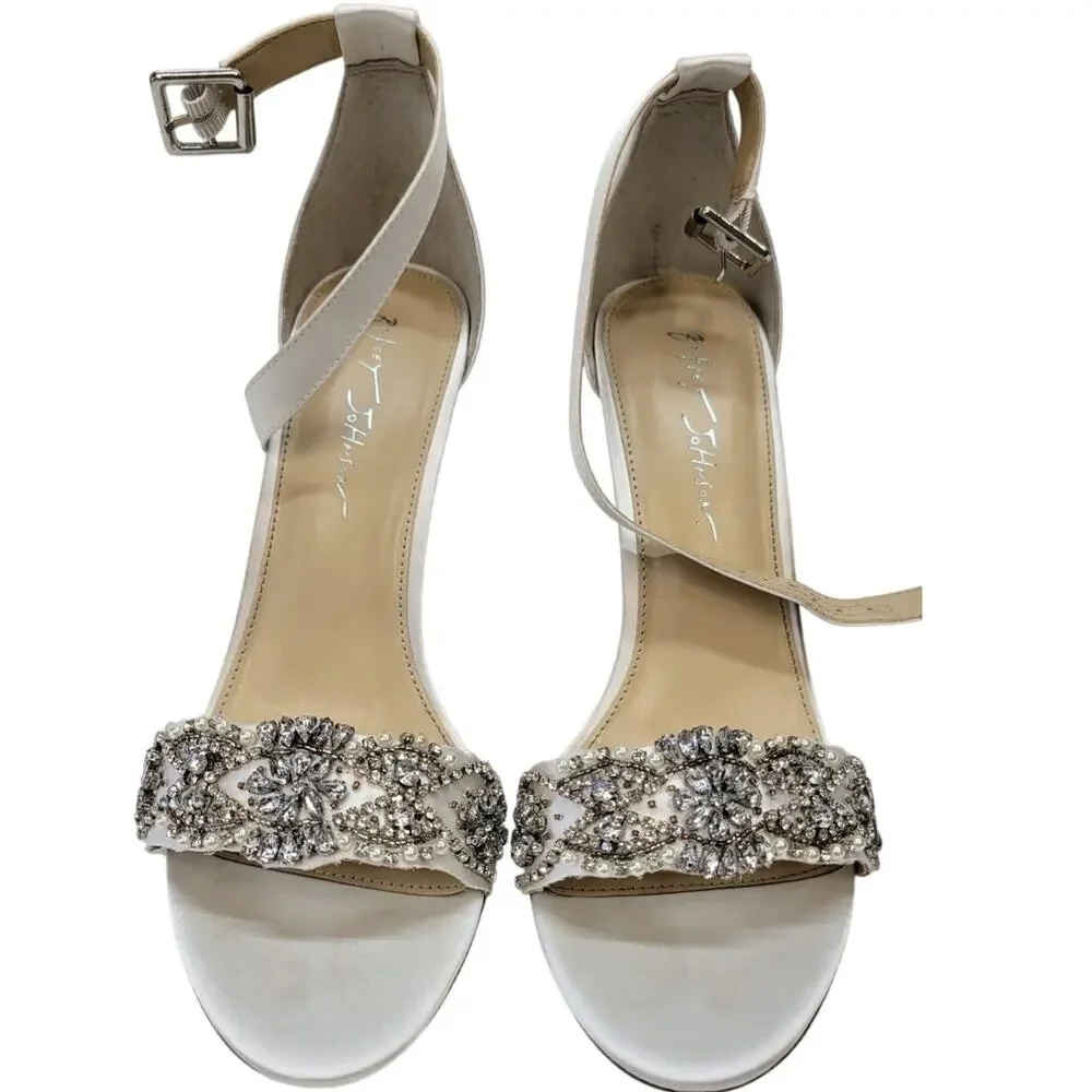 Embellished White Satin Ankle-Strap Heels